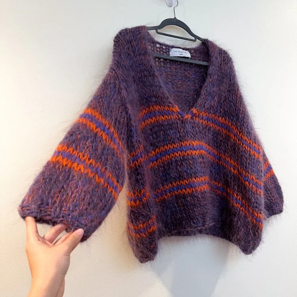 Les Tricots d'O Purple Kid Mohair Blend Striped Hand Knit V Neck Chunky Sweater - Picture 4 of 11